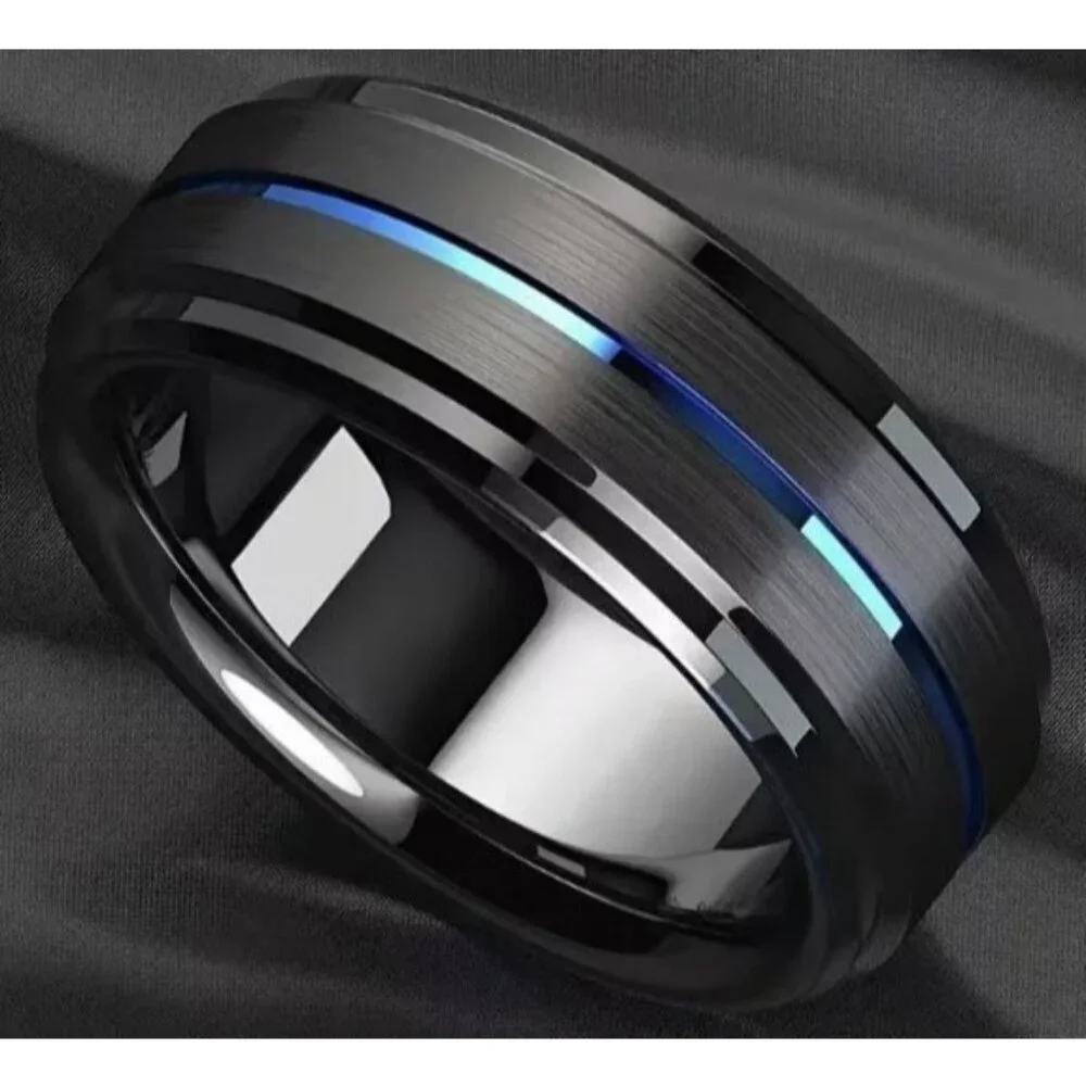 Tungsten Steel matte black polished double beveled blue channel wedding ring